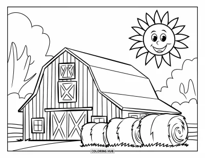 Coloriage de grange pour enfants : Un soleil radieux brille au-dessus d'une grange et de quelques bottes de foin empilées