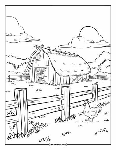 Coloriage de grange pour enfants : Une poule picote le sol près d'une grange clôturée au toit de chaume