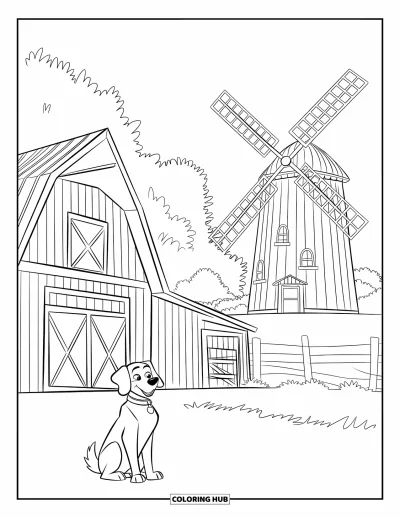 Coloriage de grange pour enfants : Un chien avec un collier est assis près d'une grange avec des arbres et des nuages en arrière-plan