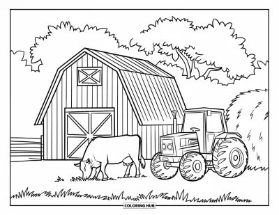 Coloriage de grange pour enfants : Une vache broute l'herbe à côté d'une grange et d'un tracteur chargé de foin