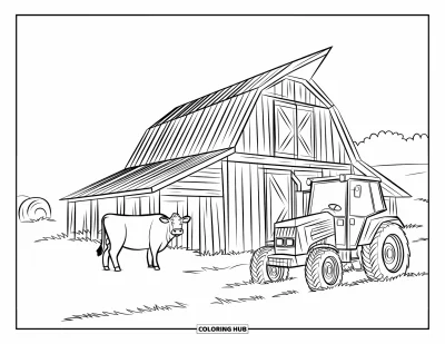 Coloriage de grange pour enfants : Une vache se tient près d'une grange et d'une meule de foin à côté d'un tracteur garé