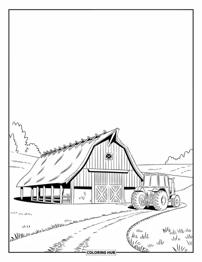 Coloriage de grange pour enfants : Une grange douillette et un tracteur sont installés dans un vaste champ ouvert