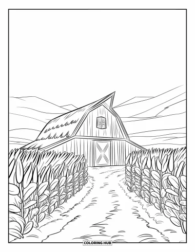 Coloriage de grange pour enfants : Une grange douillette est entourée de grandes cultures avec un chemin de terre menant à la porte