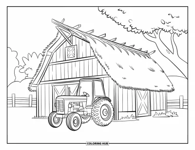 Coloriage de grange pour enfants : Une grange douillette est posée à côté d'un petit tracteur et d'une clôture en bois