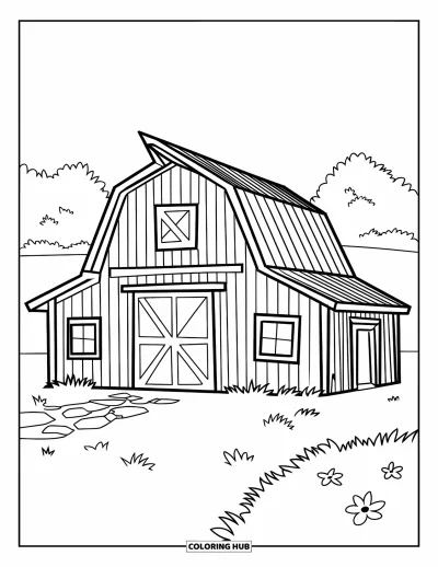 Coloriage de grange pour enfants : Une grange douillette se dresse sur l'herbe avec de petites fleurs tout autour