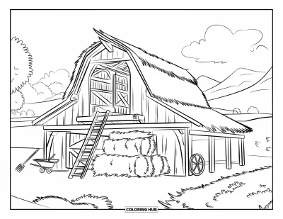 Coloriage de grange pour enfants : Une grange douillette avec du foin et des outils est nichée entre des arbres et des montagnes