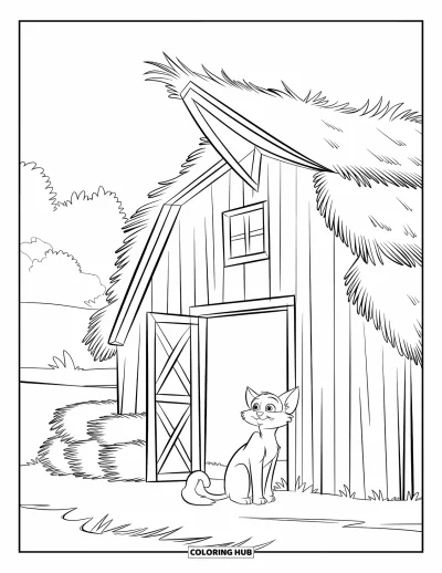 Coloriage de grange pour enfants : Un chat curieux observe depuis l'entrée d'une grange avec des arbres au loin