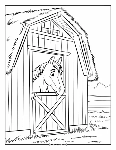 Coloriage de grange pour enfants : Un cheval curieux passe la tête par la fenêtre d'une grange en bois entourée de fleurs sauvages