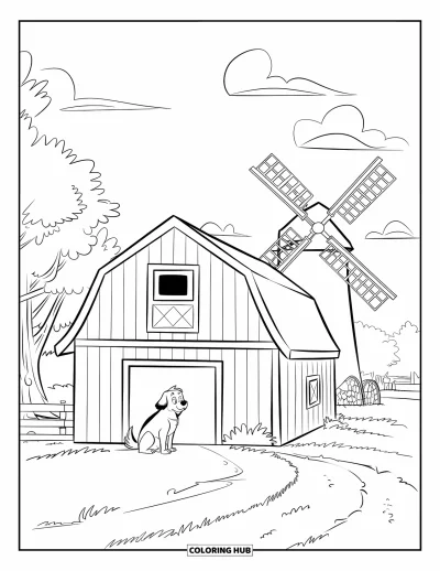 Coloriage de grange pour enfants : Un chien de ferme est assis près d'une grange et d'un moulin à vent sous un ciel nuageux