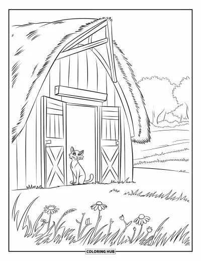 Coloriage de grange pour enfants : Un chat duveteux se repose près d'une porte ouverte sous un ciel ensoleillé