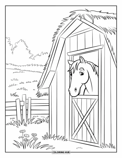 Coloriage de grange pour enfants : Un doux cheval se tient dans une grange avec une clôture et des fleurs à l'extérieur