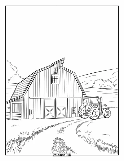 Coloriage de grange pour enfants : Une route de gravier mène à une grange avec un tracteur garé à côté