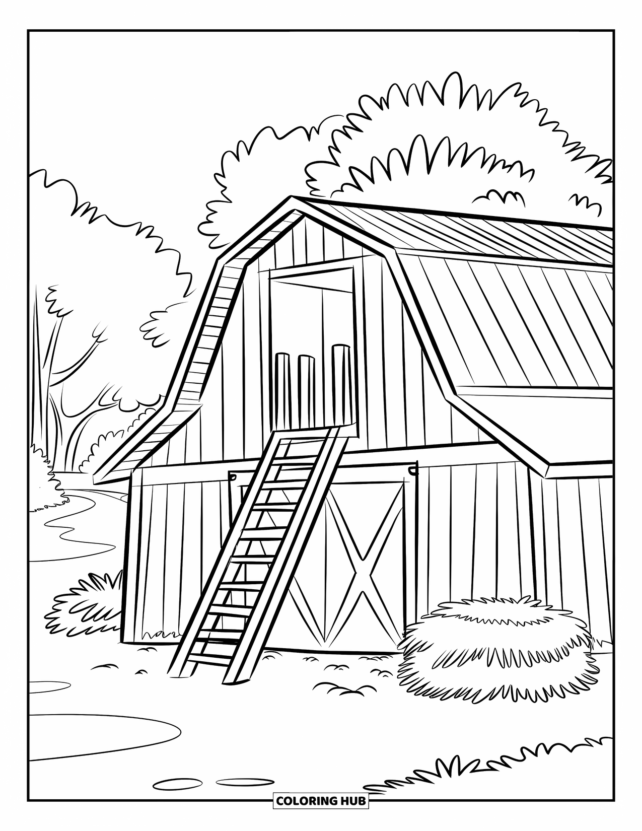 Barn Coloring Page for Kids: A ladder leans on a barn with hay scattered across the yard