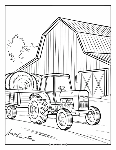 Coloriage de grange pour enfants : Une grande grange rouge se trouve derrière un chariot rempli de foin tiré par un tracteur