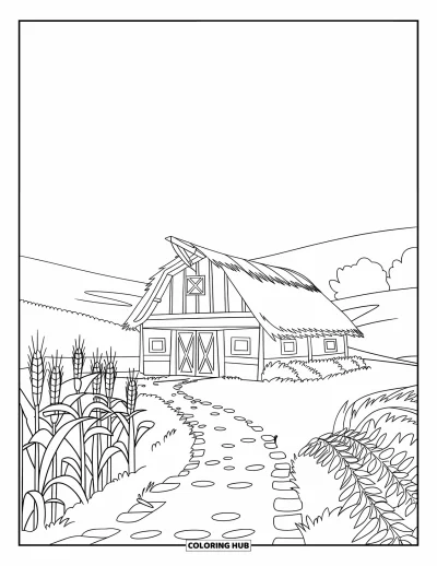 Coloriage de grange pour enfants : Un chemin serpente à travers le maïs et le blé vers une grange tranquille