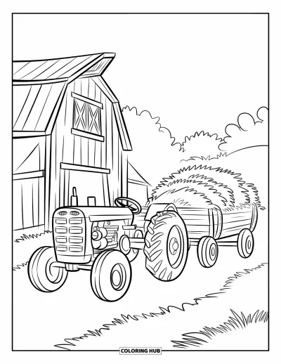 Coloriage de grange pour enfants : Une grange au toit rouge est posée à côté d'un tracteur tirant un chariot chargé de foin