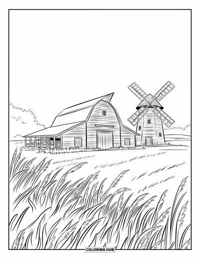 Coloriage de grange pour enfants : Une grange rustique et un moulin à vent se dressent dans un champ verdoyant balayé par la brise