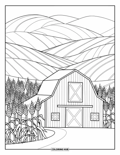 Coloriage de grange pour enfants : Une grange rustique est entourée de tiges de maïs et de collines au loin