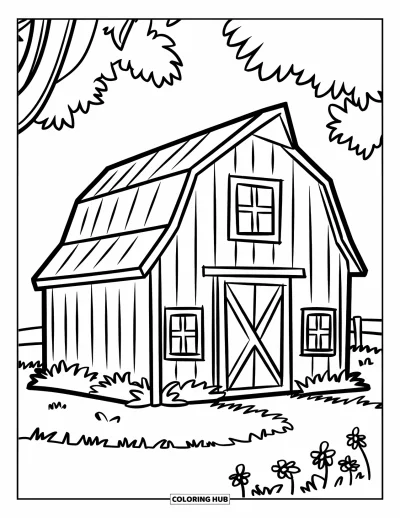 Coloriage de grange pour enfants : Une grange simple est posée dans des champs herbeux avec de petites fleurs tout autour