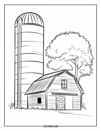 Coloriage de grange pour enfants : Une grange simple avec un grand silo et un arbre est posée sur un terrain plat