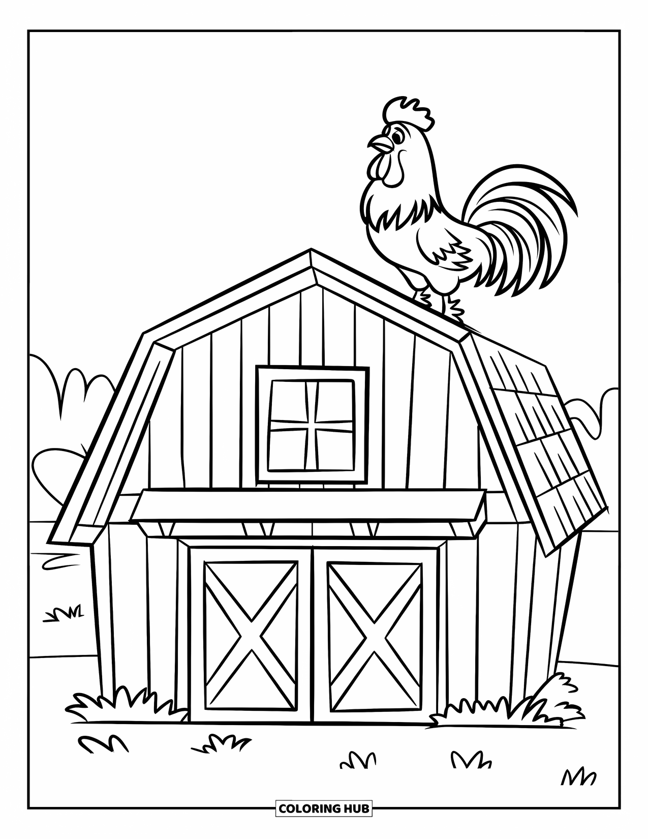 Barn Coloring Page for Kids: A smiling rooster perches on a cozy barn with a big double door