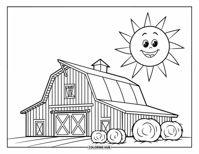 Coloriage de grange pour enfants : Un soleil souriant brille au-dessus d'une grange avec des bottes de foin devant