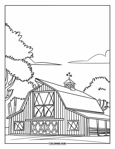 Coloriage de grange pour enfants : Une grange au toit élevé avec une girouette se dresse entourée d'arbres et de nuages