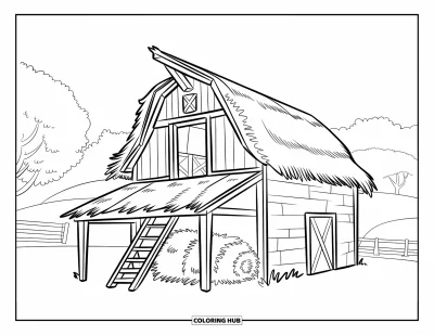Coloriage de grange pour enfants : Une grange au toit de chaume avec du foin et un fenil se dresse dans une campagne paisible