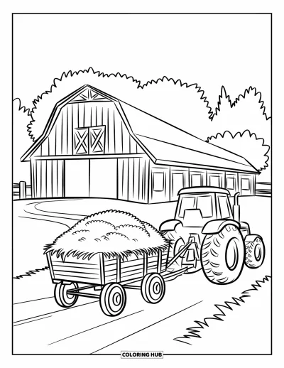 Coloriage de grange pour enfants : Un tracteur transporte du foin vers une grange en bois sous un ciel bordé d'arbres