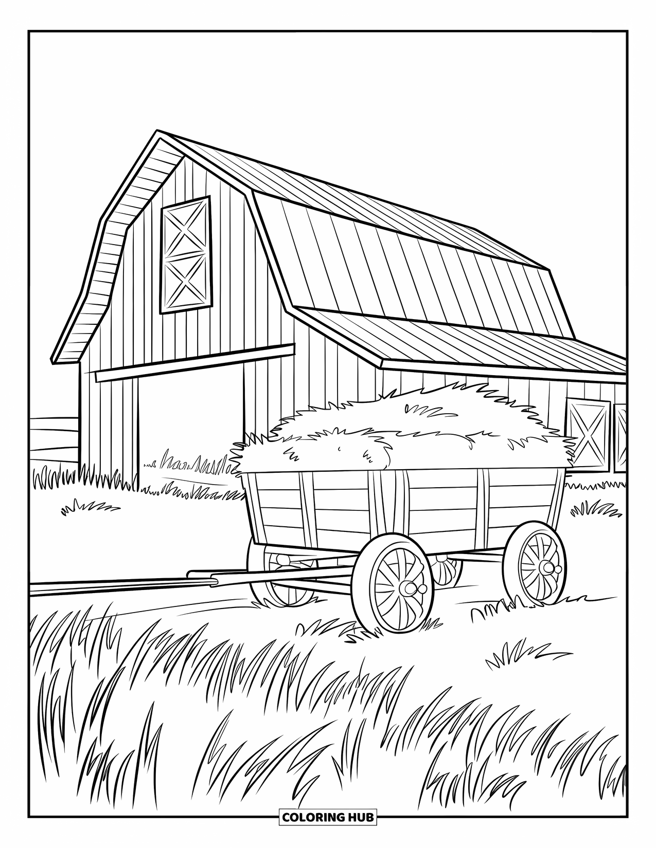 Barn Coloring Page for Kids: A tractor pulls a wagon full of hay beside a barn in tall grass