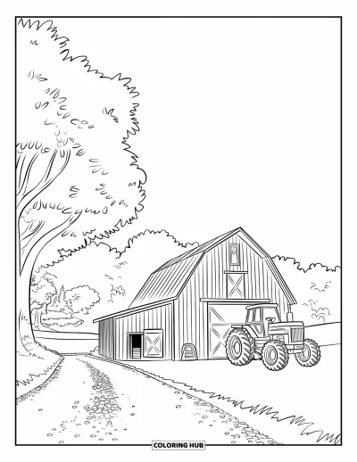 Coloriage de grange pour enfants : Un tracteur est garé à côté d'une grange le long d'un chemin de gravier sinueux