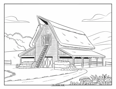 Coloriage de grange pour enfants : Une grange à deux niveaux a du foin en bas et une échelle menant au fenil