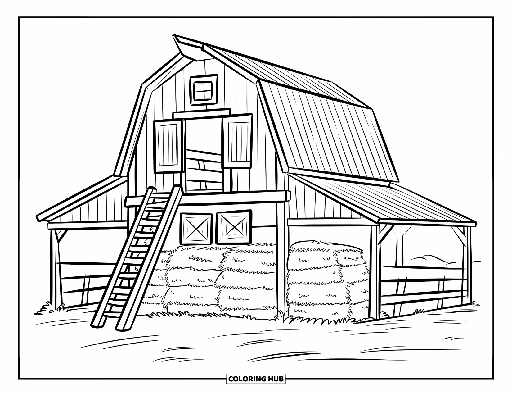 Barn Coloring Page for Kids: A two-story wooden barn has a haystack and a nearby ladder