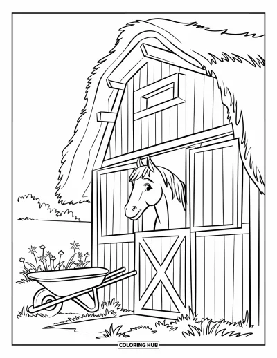 Coloriage de grange pour enfants : Un cheval blanc se tient à l'intérieur d'une grange, regardant par la porte ouverte