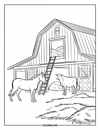 Coloriage de grange pour enfants : Du foin est éparpillé autour d'une grange avec une échelle et quelques animaux à proximité