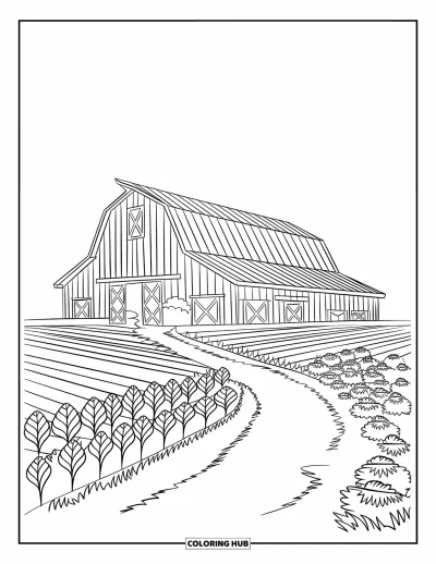 Coloriage de grange pour enfants : Des rangées bien ordonnées de cultures encadrent une grange avec un chemin sinueux