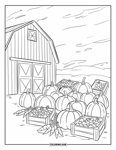 Coloriage de grange pour enfants : Des citrouilles et des légumes entourent une grange lumineuse sous des nuages moelleux