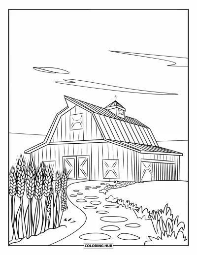 Coloriage de grange pour enfants : Des marches en pierre mènent à une grange entourée de champs de blé dorés