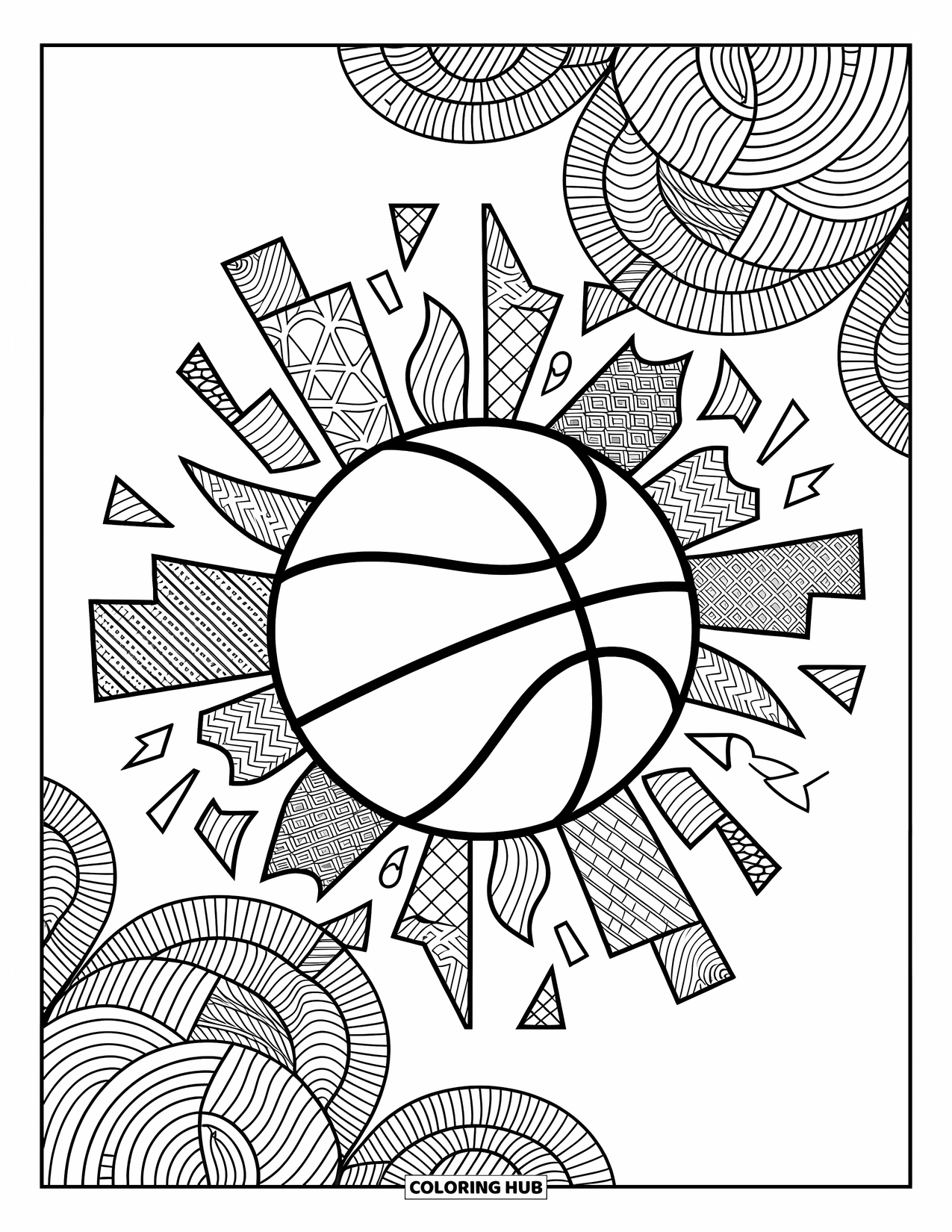 Dibujo de baloncesto para colorear para adultos: Un balón se rompe en fragmentos arremolinados de camiseta y red, rodeado de diseños pacíficos
