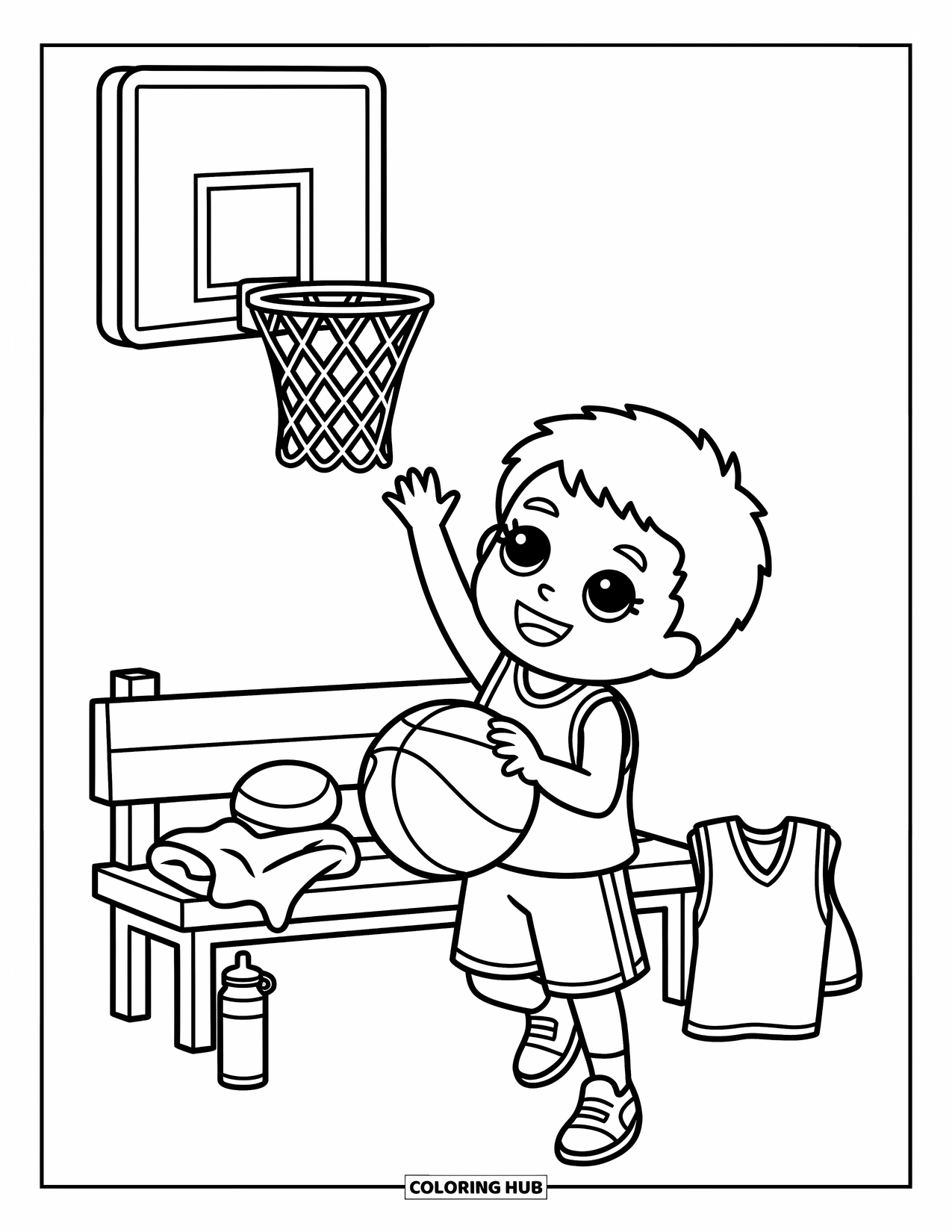 Dibujo de baloncesto para colorear para adultos: Un chico chibi alegre intenta su primera bandeja, alcanzando la canasta en alto