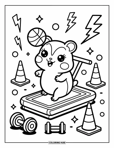 Coloriage de basketball pour adultes : Un hamster joyeux court sur un terrain-tapis roulant, ballon levé au-dessus de la tête