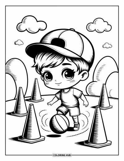 Coloriage de basketball pour adultes : Un garçon chibi à la casquette inclinée s’entraîne au dribble entre d’adorables cônes en zigzag
