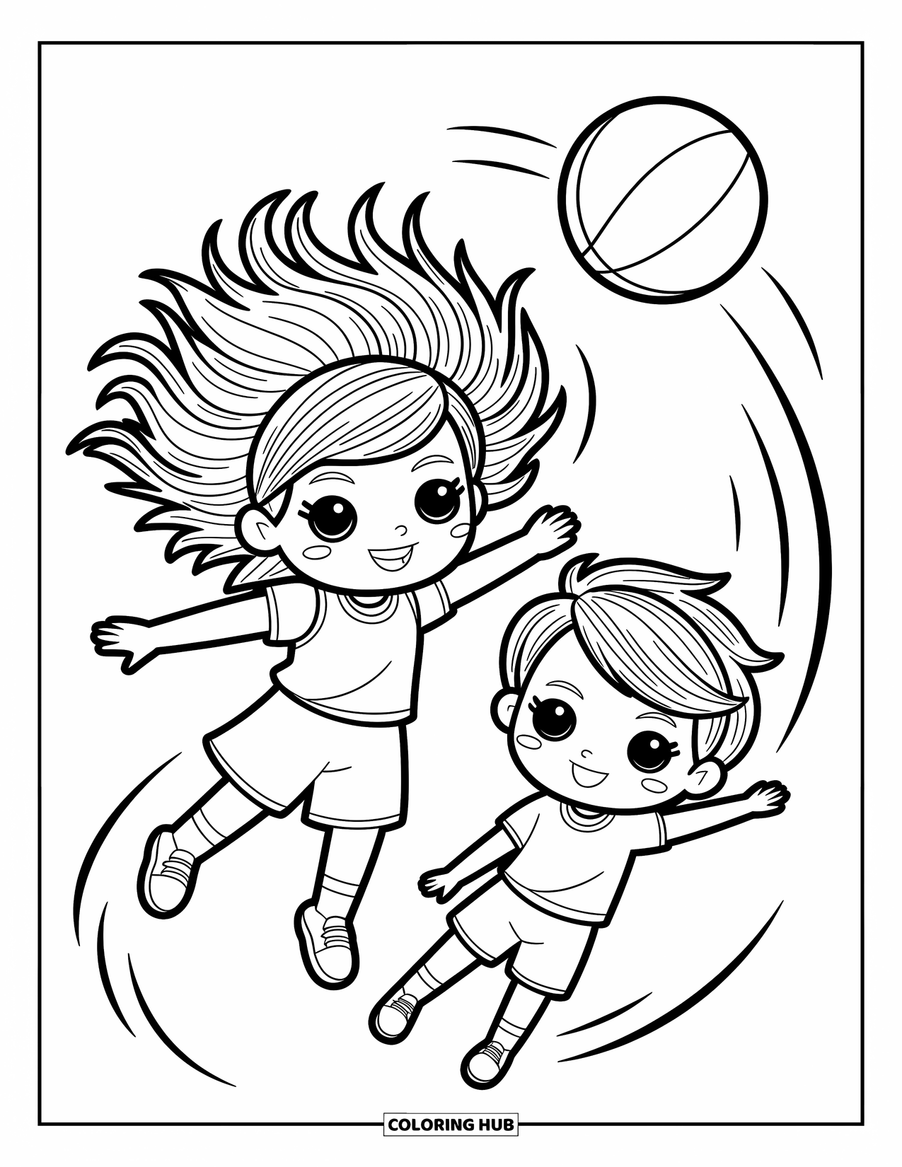 Dibujo de baloncesto para colorear para adultos: Una chica chibi salta para bloquear un tiro mientras otra apunta con feroz determinación