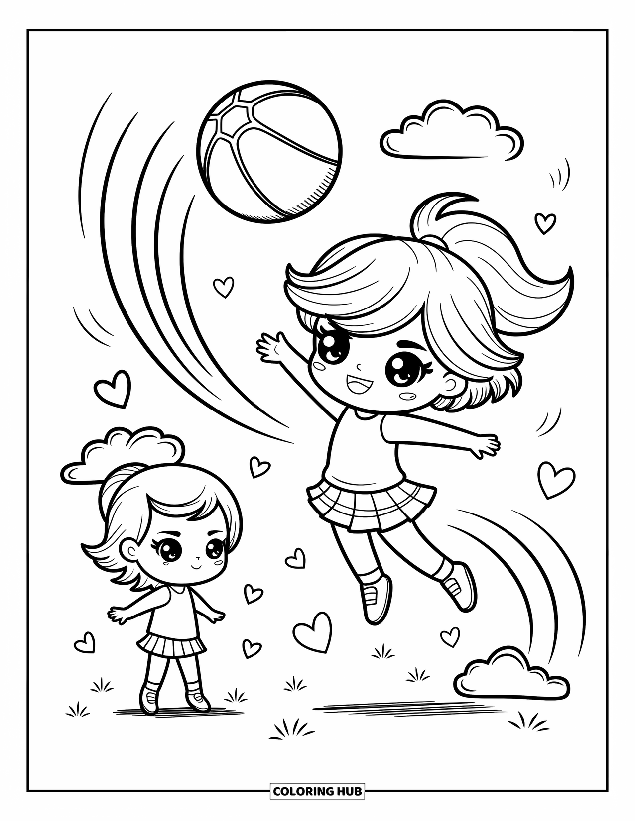 Dibujo de baloncesto para colorear para adultos: Una chica chibi salta para bloquear un tiro mientras otra se prepara para hacerlo