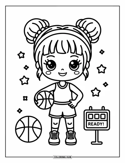 Coloriage de basketball pour adultes : Une fille chibi se tient fièrement avec un ballon de basketball, entourée d’étoiles et d’un tableau des scores