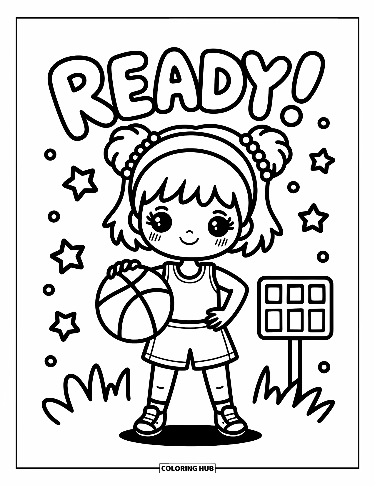 Dibujo de baloncesto para colorear para adultos: Una chica chibi segura sostiene un balón de baloncesto, con estrellas y un marcador flotando a su alrededor