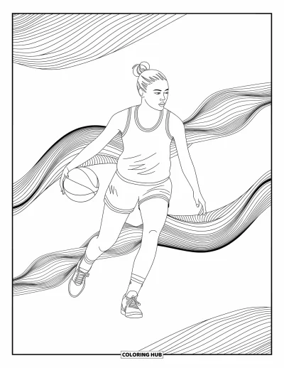 Coloriage de basketball pour adultes : Une joueuse dribble avec aisance, entourée de motifs fluides et de formes abstraites