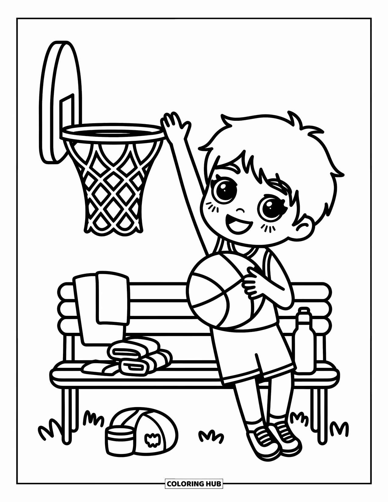 Dibujo de baloncesto para colorear para adultos: Un chico chibi feliz intenta hacer una bandeja, con un banco y equipo junto a él