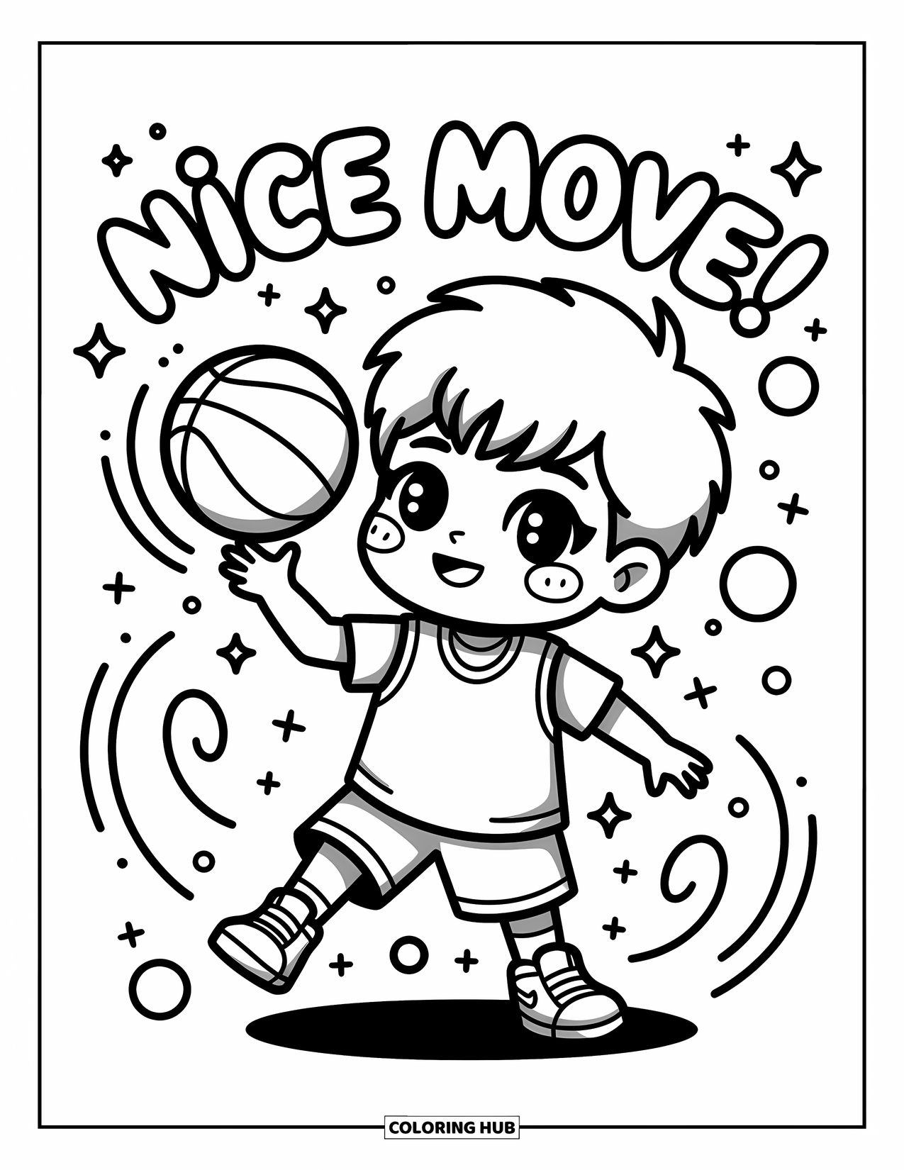 Dibujo de baloncesto para colorear para adultos: Un chico chibi feliz hace girar un balón de baloncesto en su dedo con efectos cómicos arremolinándose alrededor