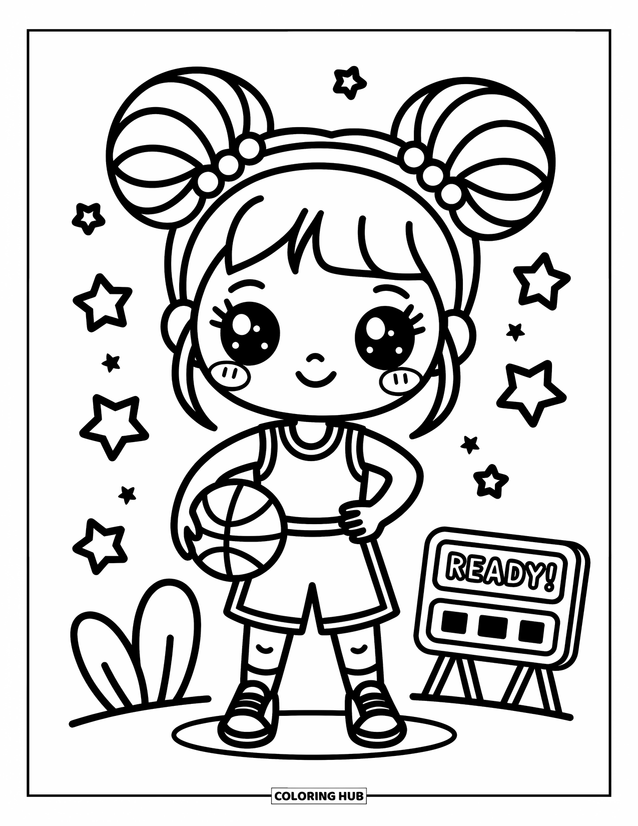 Dibujo de baloncesto para colorear para adultos: Una chica chibi feliz está de pie con un balón de baloncesto, con estrellas parpadeando y un marcador detrás de ella
